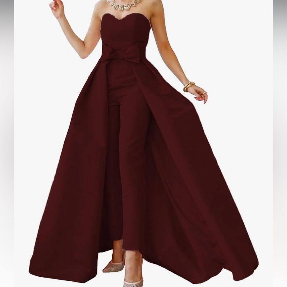 NWT Lover in Paris Satin Jumpsuit Detachable Waist Cape Pants Dress burgundy
